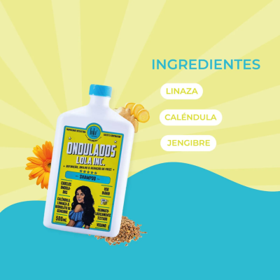 Frasco de shampoo Ondulados Lola Inc. com rótulo amarelo e azul, ingredientes linaza, calêndula, jengibre