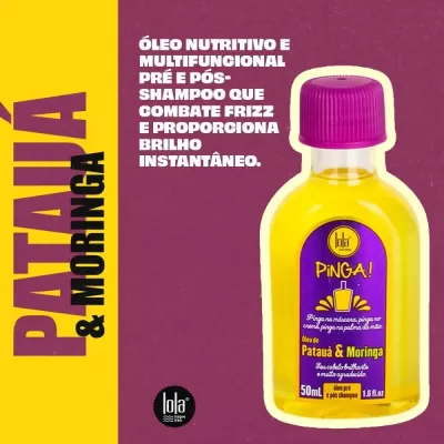 Frasco de óleo nutritivo Patauá & Moringa com tampa roxa e rótulo roxo e amarelo