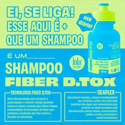 Cartaz publicitário azul e amarelo de shampoo Lola Fiber D.TOX com texto promocional e descrição do produto