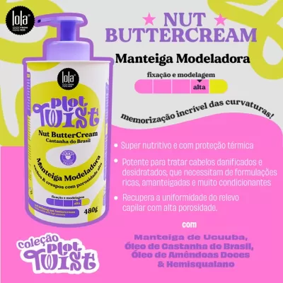 Frasco amarelo Nut ButterCream com tampa roxa da Lola Cosmetics para cabelos