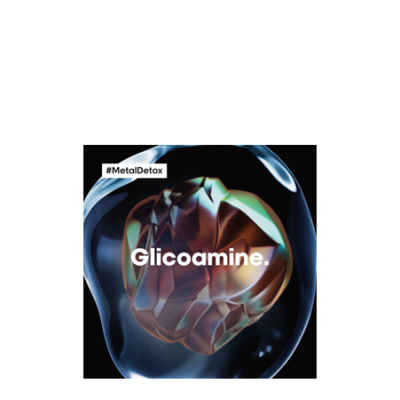 Cristal castanho dentro de bolha azul translúcida com texto Glicoamine e #MetalDetox