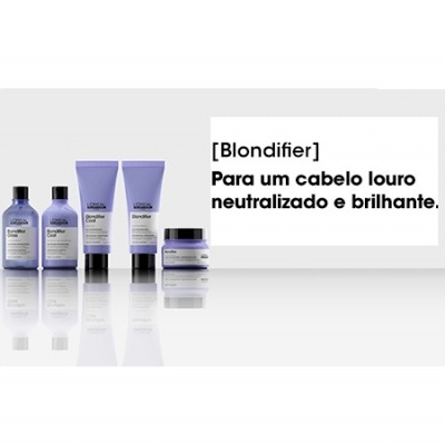 Produtos L'Oréal Blondifier lilases para cabelo louro com texto promocional em português