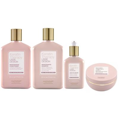 Produtos de cuidado capilar Alfaparf Keratin Therapy Lisse Design em frascos rosa com tampa dourada