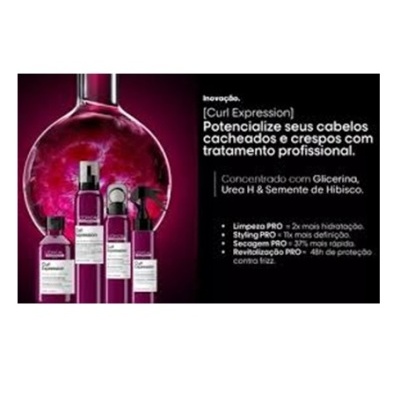 Produtos de tratamento capilar em frascos roxos e rosa com texto promocional em português ao lado
