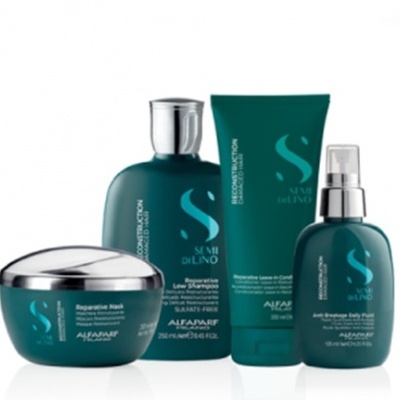 Produtos de cuidado capilar Semí di Lino da Alfaparf em embalagens verdes com texto branco