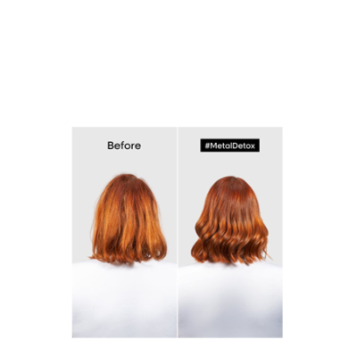 Antes e depois do cabelo castanho-avermelhado com texto Before e #MetalDetox