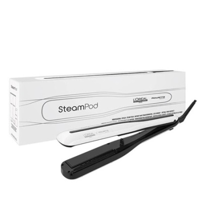 Prancha alisadora de cabelo SteamPod preta com caixa branca