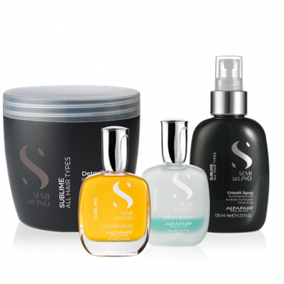 Produtos capilares Semi Di Lino da Alfaparf em diversos frascos e embalagens