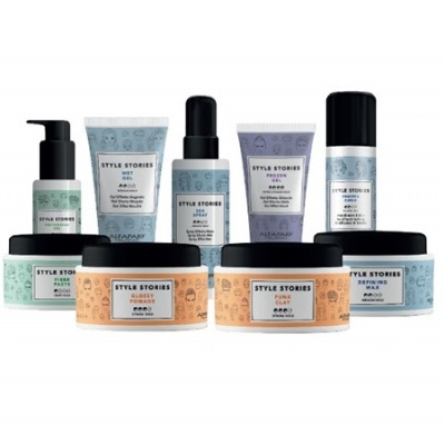 Produtos para cabelo STYLE STORIES em várias embalagens coloridas sobre fundo branco