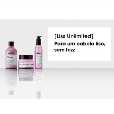 Produtos Cosméticos Liss Unlimited cor de rosa com texto promocional para cabelo liso e sem frizz