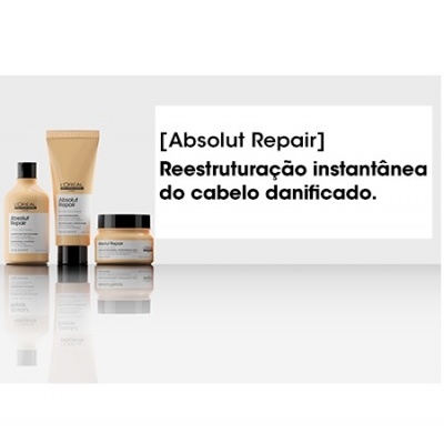 Três produtos Absolut Repair L'Oréal numa superfície branca com texto promocional