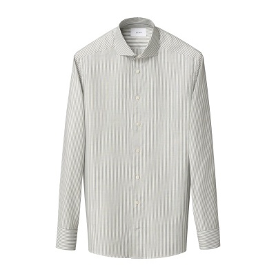 Camisa masculina de riscas cinzentas e brancas com botões e gola clássica