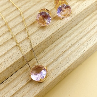 Conjunto semijoia com pedra cristal rosa