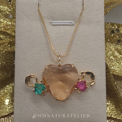 Colar Coração Pedra Morganita Casal