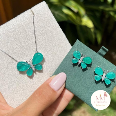 Conjunto Semijoias Borboleta Turmalina Verde