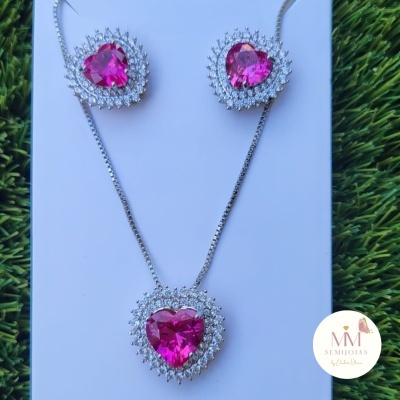 Conjunto Semijoias Coração Fushia