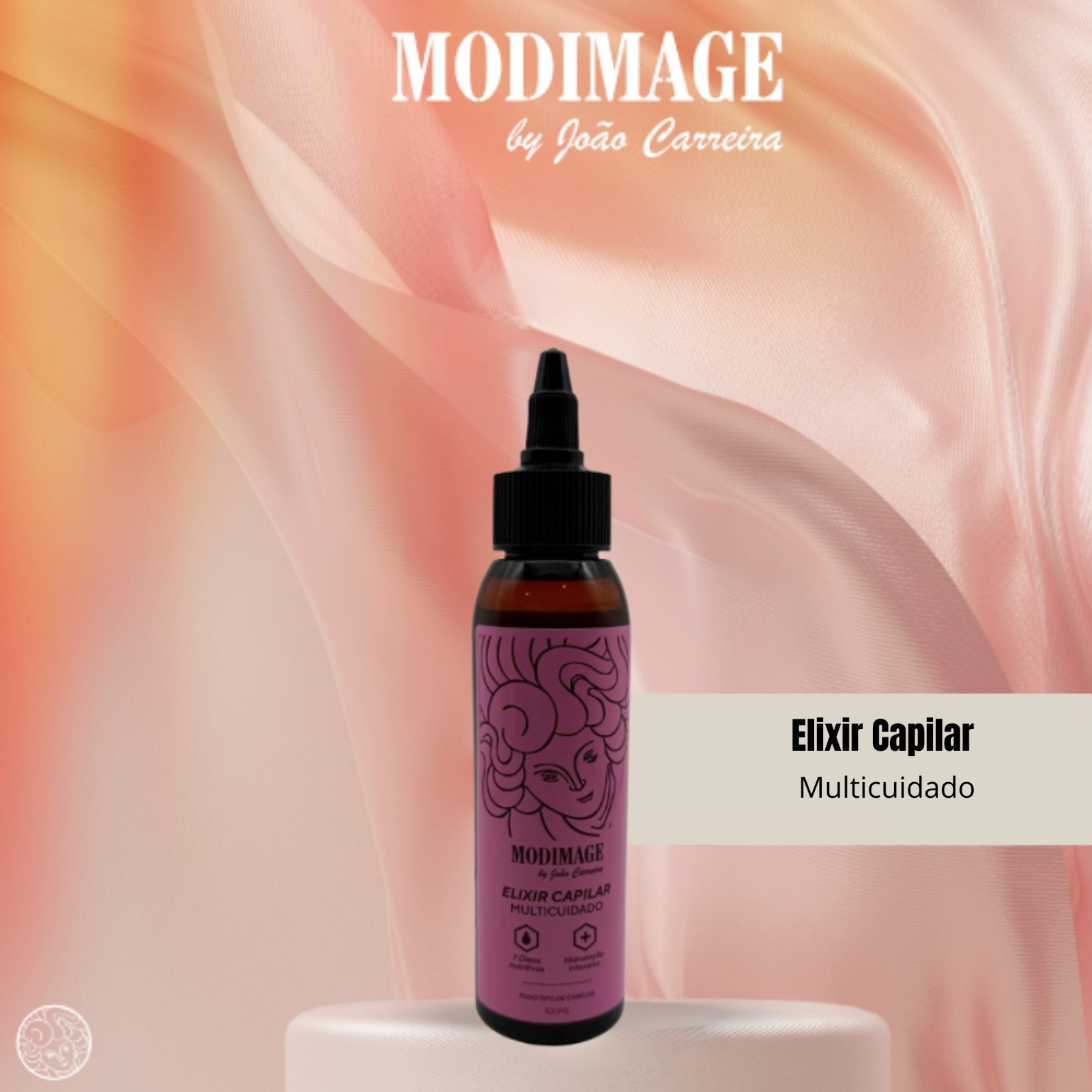 Elixir Capilar- Multicuidado Frasco de elixir capilar com etiqueta rosa e tampa preta sobre base branca