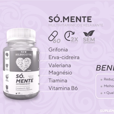 Frasco de suplemento SÓ.MENTE multivitamínico e relaxante com lista de ingredientes e benefícios em fundo lilás