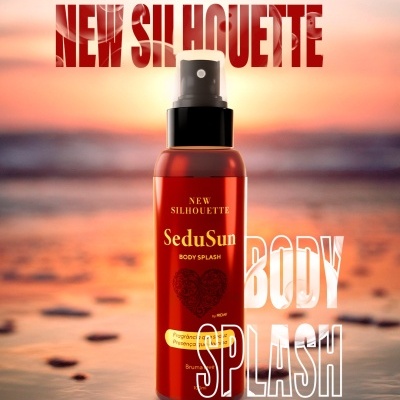 Frasco vermelho de spray corporal SeduSun New Silhouette em fundo de praia ao pôr do sol