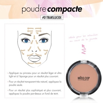 Pó compacto Miss Cop Make Up na cor translúcida com embalagem preta e transparente