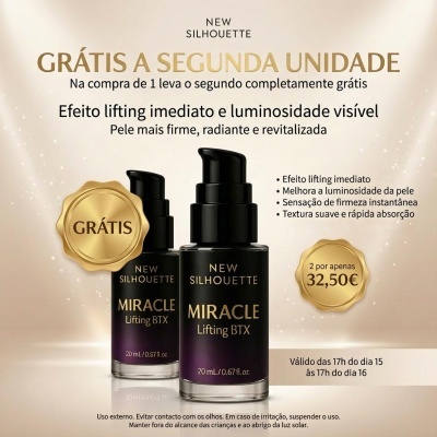 Frascos de sérum New Silhouette Miracle Lifting BTX com oferta promocional e preço visível.