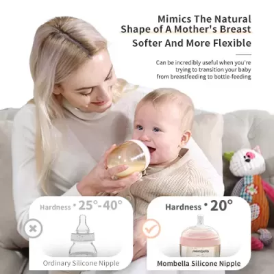 Mãe a alimentar bebé com biberão de tetina silicone Mombella, comparativo de dureza