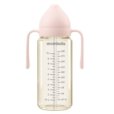 Biberão de plástico transparente com tampa e alças rosas