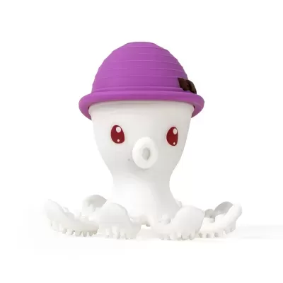 Figura de polvo branco com chapéu roxo sobre fundo branco