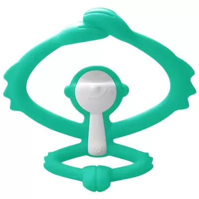 Brinquedo plástico verde água com figura humana estilizada e parte central branca