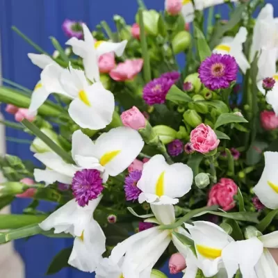 Ramo colorido de flores brancas, rosas e roxas com folhas verdes