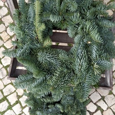 Coroa de Natal de ramos de pinheiro sobre suporte de madeira