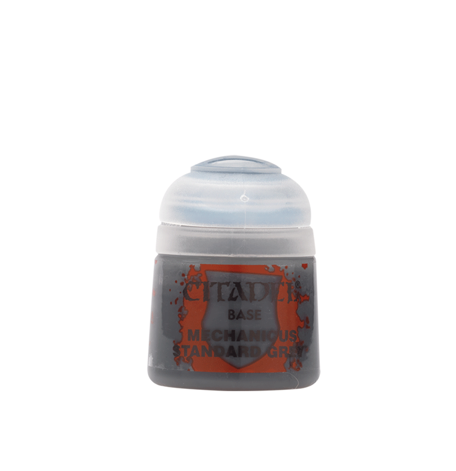 Small pot of Citadel Base paint Mechanical Standard Grey with flip-top lid