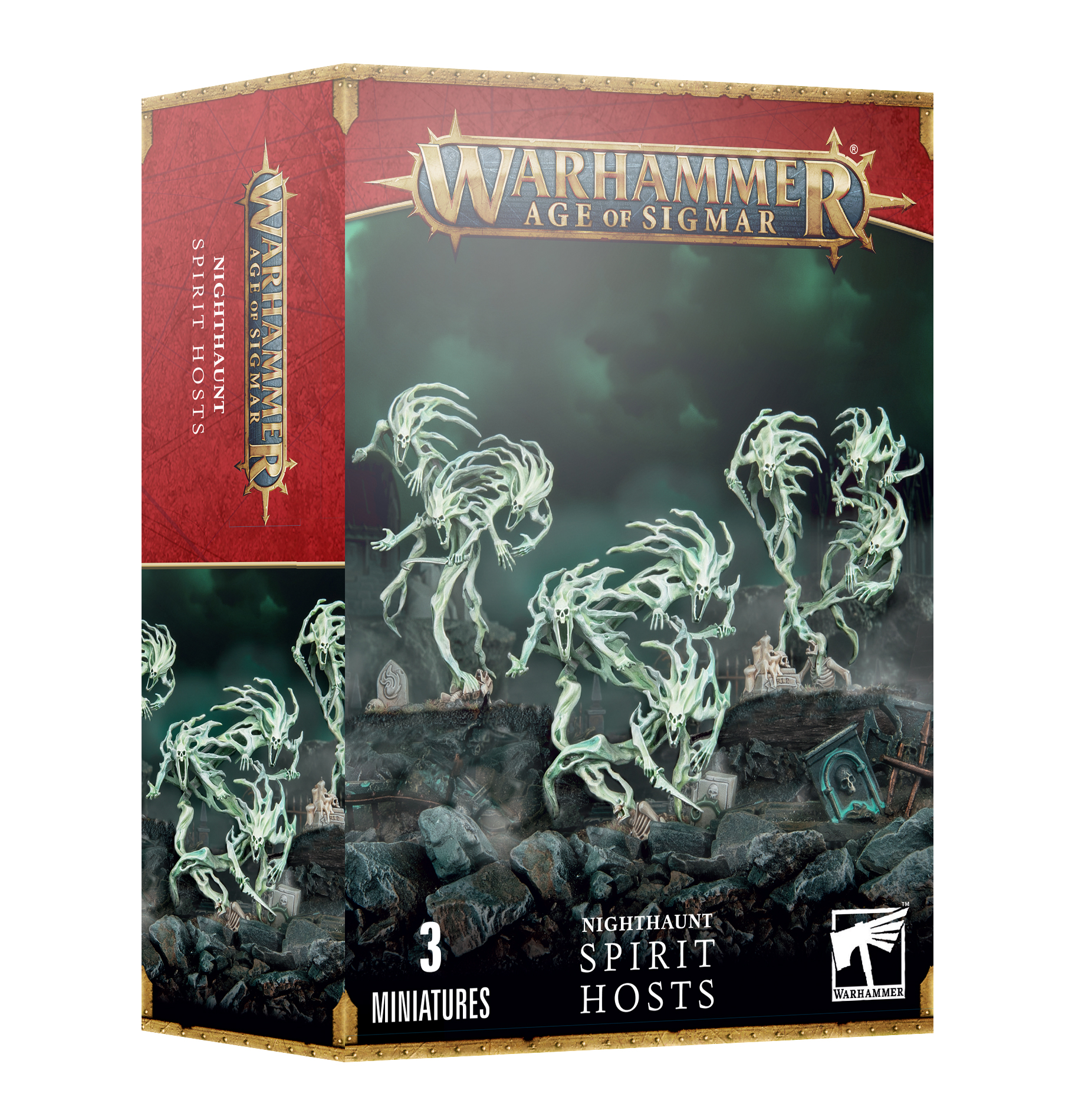 Caixa Warhammer Age of Sigmar Nighthaunt Spirit Hosts com 3 miniaturas verde fosforescente