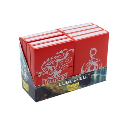 Conjunto de caixas vermelhas com padrão branco e dragão, embalagem preta com texto Cube Shell.