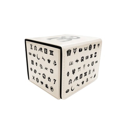 Caixa cúbica branca com texto e símbolos pretos variados