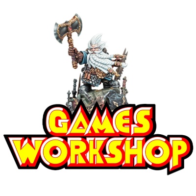 Miniatura de anão com machado sobre logo GAMES WORKSHOP