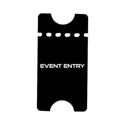 Bilhete preto para evento com texto branco 'EVENT ENTRY'