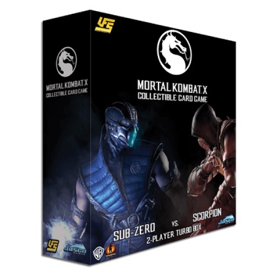 Caixa de jogo de cartas Mortal Kombat X com imagens dos personagens Sub-Zero e Scorpion