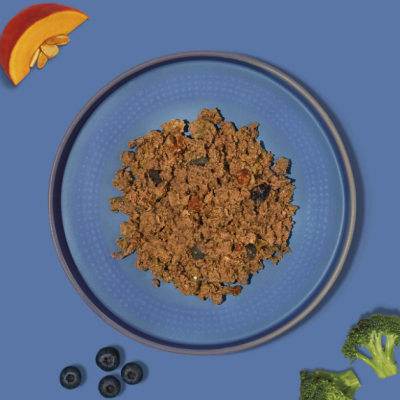 Prato azul com carne moída e legumes variados sobre fundo azul