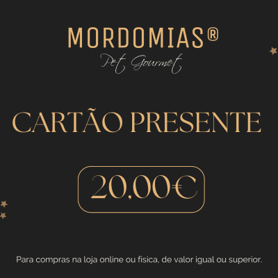 Cartão presente dourado e preto da marca Mordomias Pet Gourmet