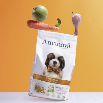 Embalaem de ração Amanova Puppy Large com cenoura, maçã e coxa de frango
