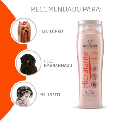 Frasco de champô hidratante Artero para cães com indicação para pelos longos, emaranhados ou secos.