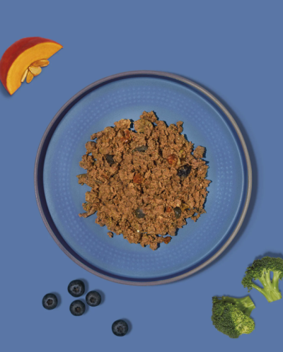 Prato azul com carne moída e legumes variados sobre fundo azul