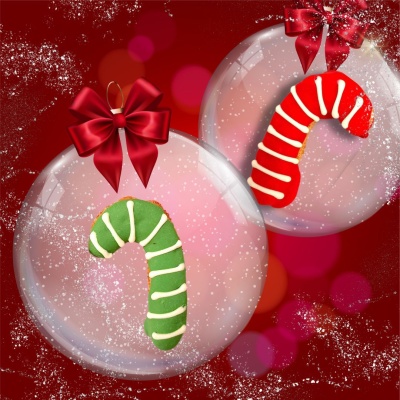 Enfeites de árvore de Natal com doces em forma de bengala, cores vermelho e verde