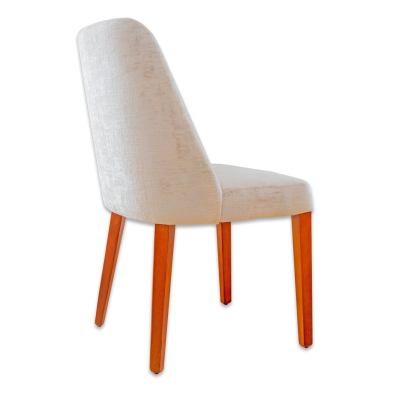 Cadeira estofada branca com pernas de madeira castanha