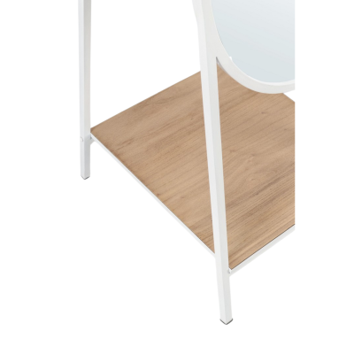 Base de móvel com estrutura metálica branca e prateleira em madeira clara