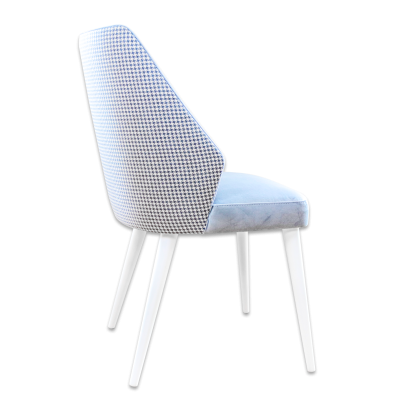 cadeira azul com encosto padrão pied-de-poule e pernas brancas