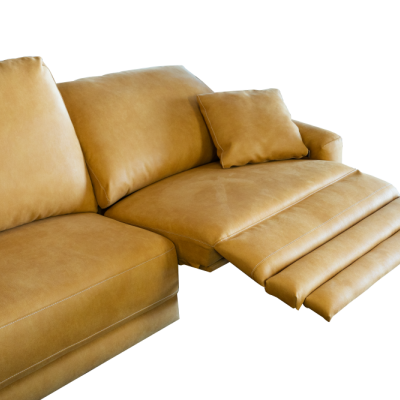 Sofá de pele castanha clara reclinável com almofada