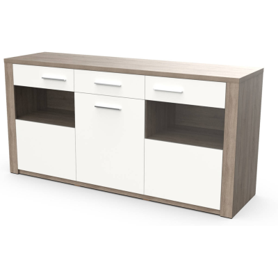 Móvel aparador em madeira clara com portas e gavetas brancas
