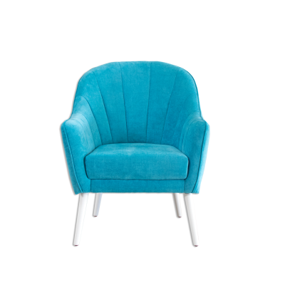 Poltrona azul turquesa em tecido com pernas brancas